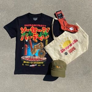 Sausage Party Foodtopia ‘24 Cast/Crew Gift Set Rucking Fotten Tee Tote Hat Socks